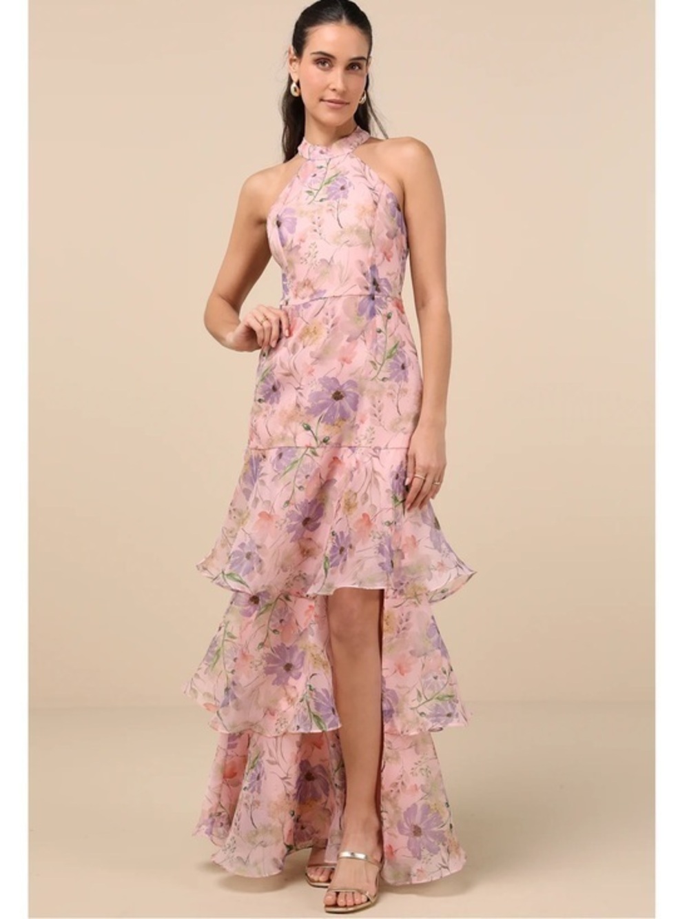 NWT Lulu’s Forever Exceptional Light Pink Floral Halter Organza Maxi Dress Chic